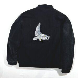 Vtg Varsity Bomber Jacket Eagle Embroidered Black Suede Wool 42 44 L Y2K Retro